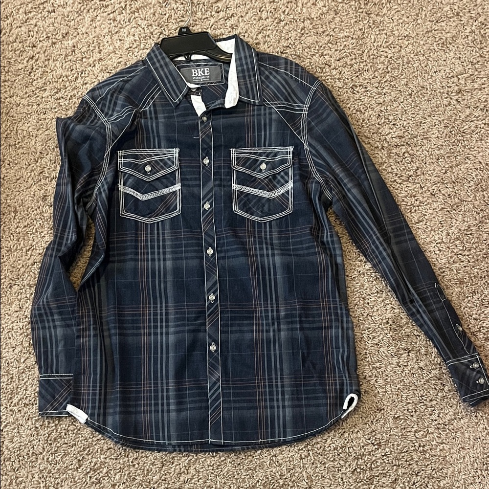 BKE Men's Dark Blue Plaid Button Down Shirt